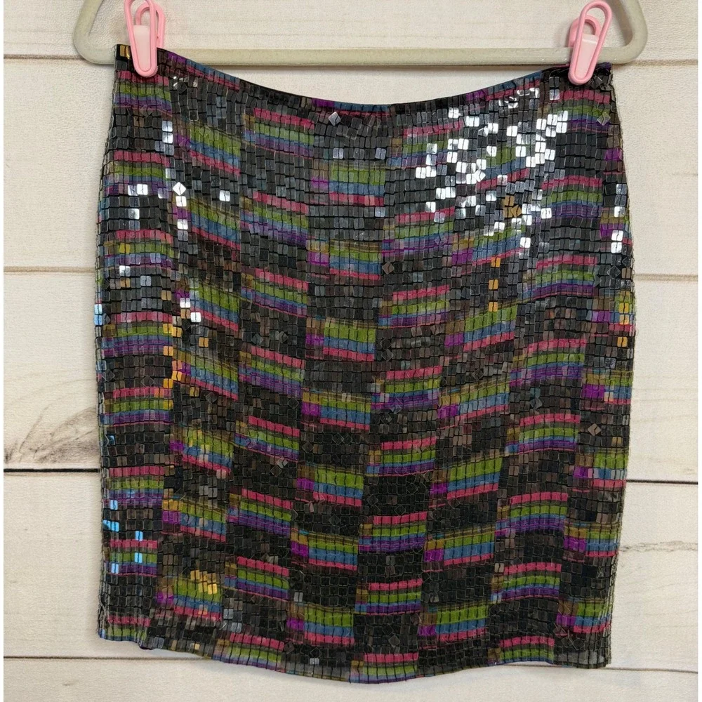 Identity Lord & Taylor Women 8 Silk Sequin Mini‎ Skirt Multi Color Stripe Party